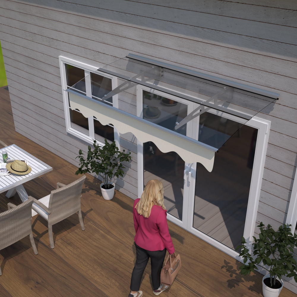 5934W Series Door Window Awning Canopy W59"xD34" Made of 0.137Inch /3.5mm Thick Virtually Crystal Solid Polycarbonate Sheet with Polyester Valance for Wooden House.