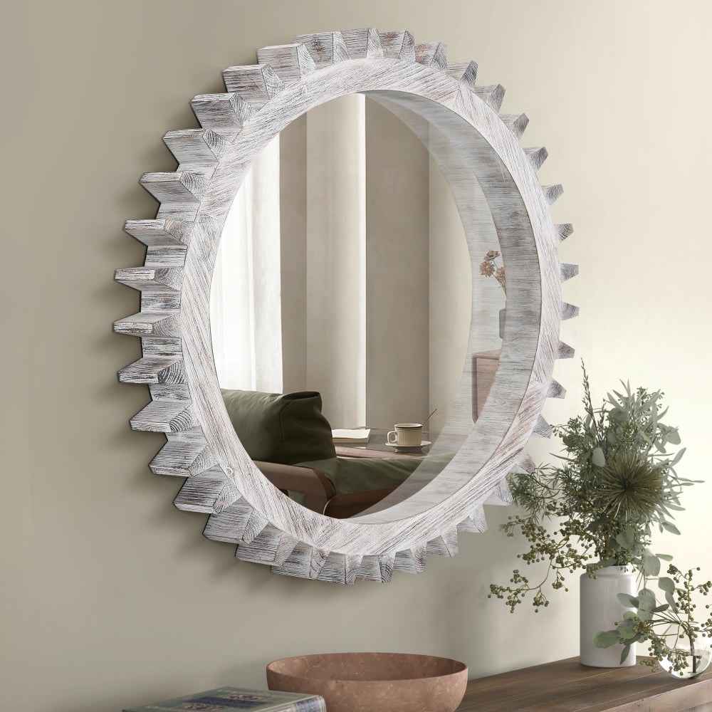 Vintage 42'' x 42'' Wood Round Hanging Gear Shape Heavy Decorative Mirror For Bathroom Living Room Entryway Or Put Together  To Your Liking.(Antique White Washed)