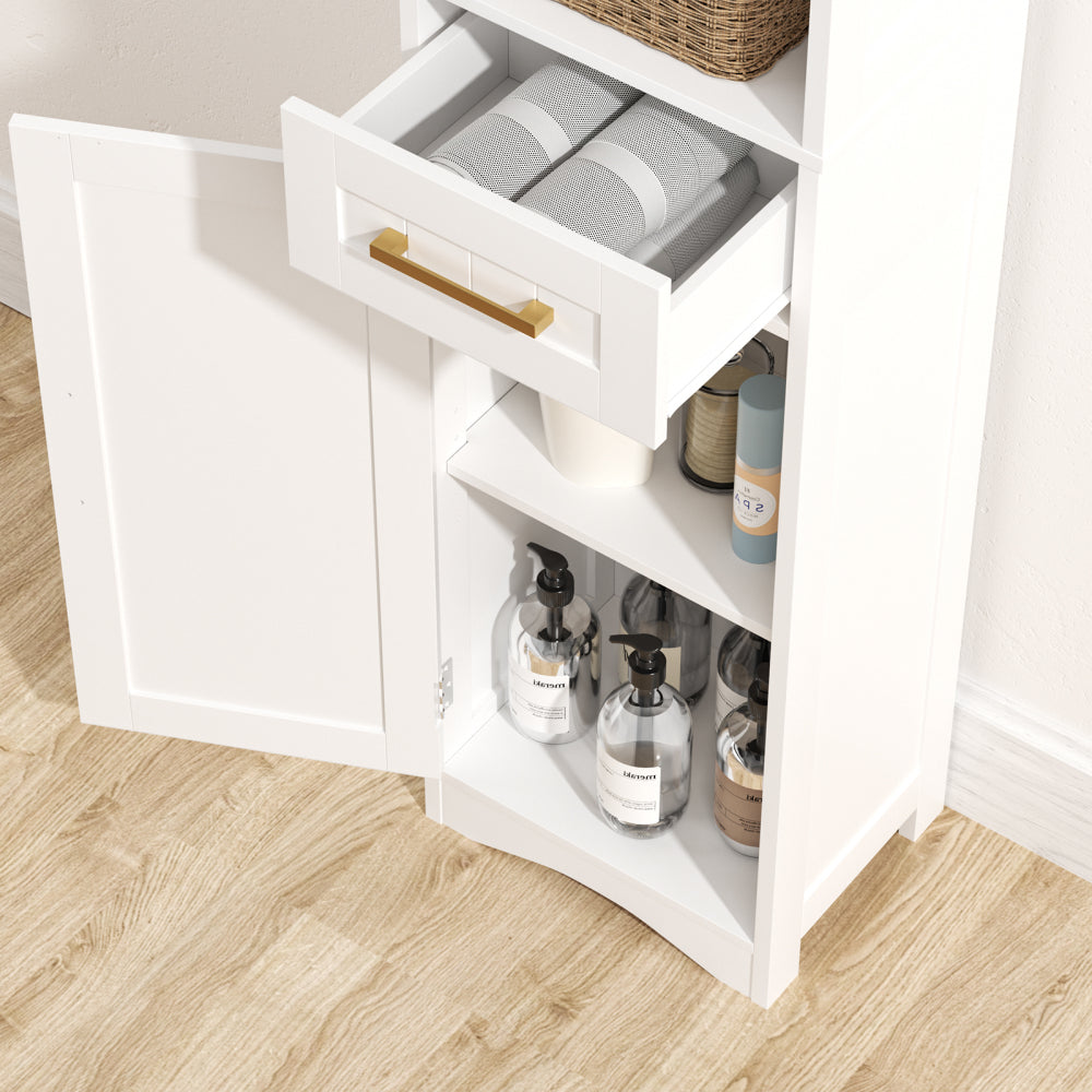 Tall Bathroom Floor Storage Cabinet,Narrow Slim Freestanding Cabinet with 1 Drawer and 2 Doors Storage Cabinet with 5 Adjustable Height Shelf, 15 x 12 x 67Inches, White