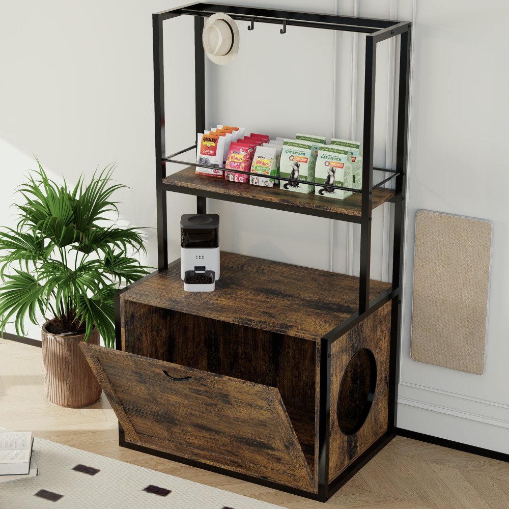 55"Refined Litter Box Enclosure with Storage Shelves and 2 Hanging Clothes Rack, 4-in-1 Hidden Cat Litter Box Enclosure Furniture with Shelf, Reversible Entrance,Rustic Brown