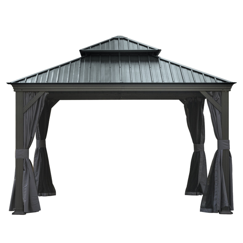 12' X 12' Hardtop Gazebo, Upgraded Metal Gazebo with Drainage System, Dual-Layer Galvanized Steel Roof, Curtain and Netting, Outdoor Shelter Canopy for Patio, Garden, and Backyard, Grey