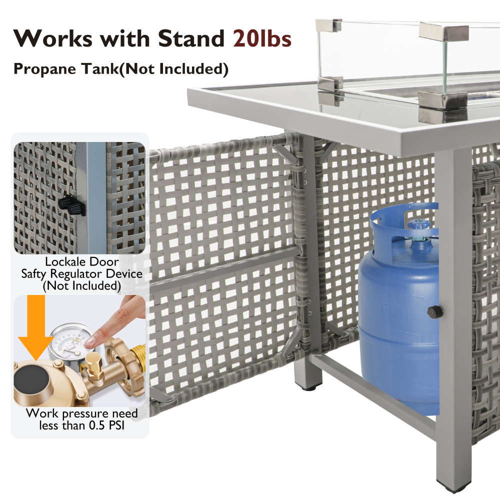 K&K 43" Propane Gas Fire Pit Table, 60000 BTU Rectangular Open Weave Wicker Fire Pit with Glass Wind Guard for Outside Patio Deck Garden Backyard - Grey