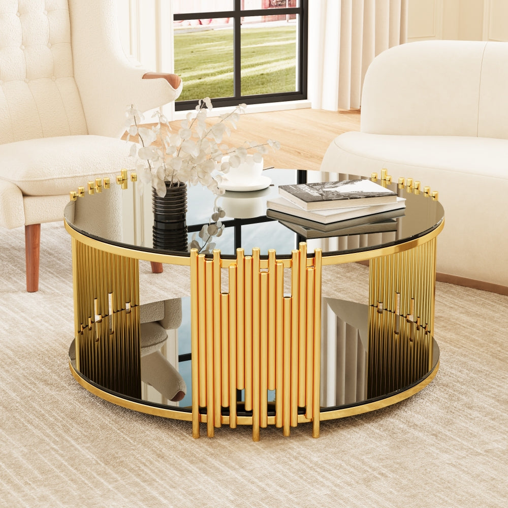 Modern minimalist light luxury style stainless steel circular coffee table, black tempered glass countertop, living room coffee table
