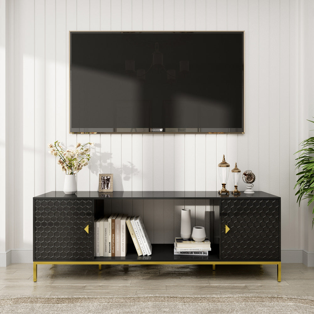 70 Inch TV Stand, Heavy Duty Wood Media Entertainment Center Console with Cabinet Storage & Open Shelves for Living Room, Modern Design (Black)