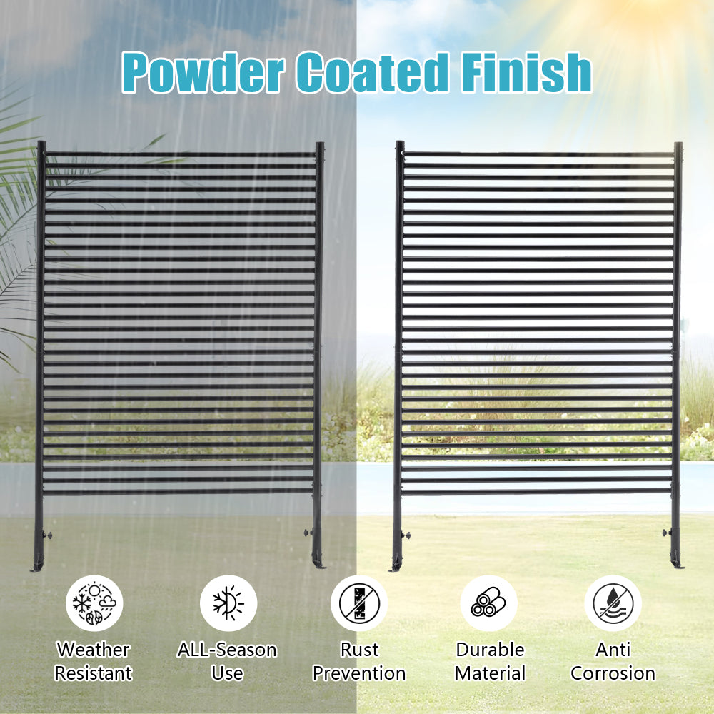71.26''x46.65'' Outdoor Privacy Screens Freestanding,Metal Privacy Fence Panels for Outside, Slatted Privacy Screens with Stand,Black
