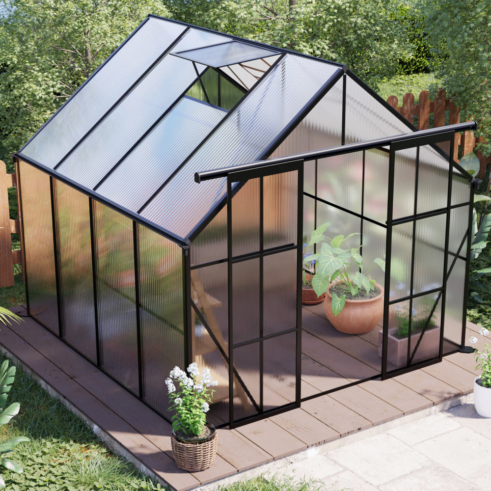 8x8 FT Double Door Polycarbonate Greenhouse Raised Base and Anchor Aluminum Heavy Duty Walk-in Greenhouses for Outdoor Backyard in All Season,Green