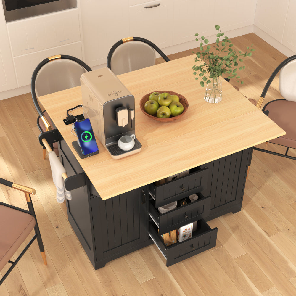 K&K 55.7'' Large Kitchen Island with 2 Drop Leaf,, Rolling Kitchen Cart on 5 Wheels with Power Outlet, Folding Storage Dining Table with Spice & Towel Rack , 3 Drawers, for Kitchen, Dining Room,Black