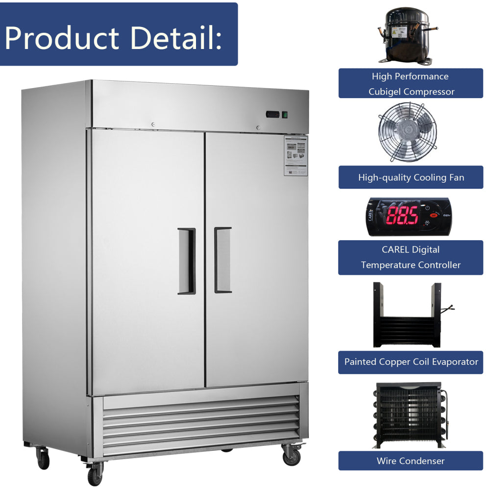 54"W Commercial Freezer 2 Section 2 Solid Door Stainless Steel Interior and Exterior Construction Reach-in Freezer 42.2 Cu.ft. Upright Fan Cooling Freezer for Restaurants and Commercial Environments