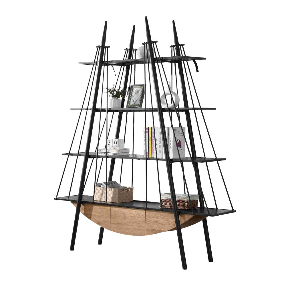 Sailboat-Inspired Bookshelf, 70.87 inch Industrial 4-Tier Open Storage Shelf with Drawer, Wooden & Metal Freestanding Bookcase, Sturdy Display Rack for Living Room, Office & Home Decoration.
