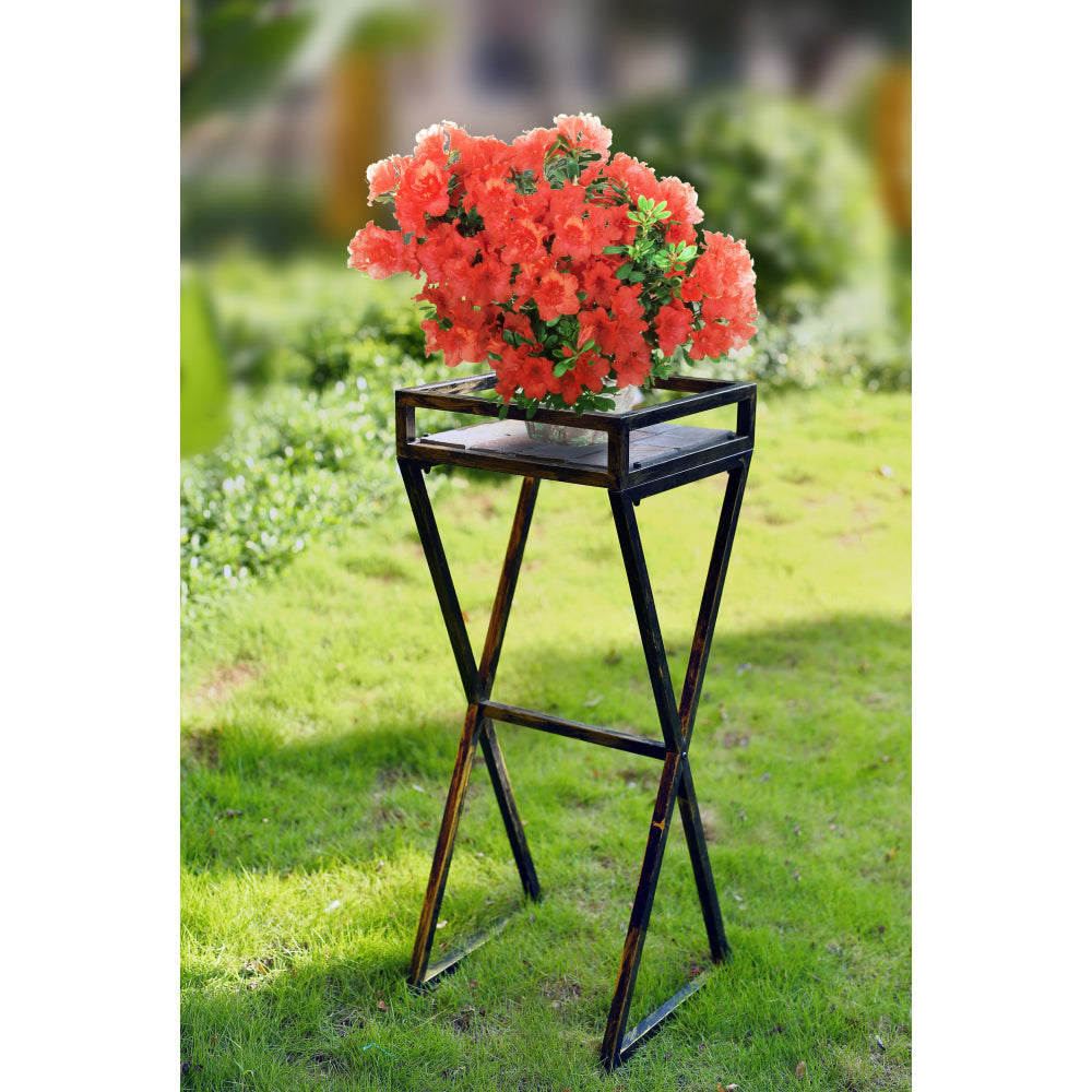 35.5" Gray Stone Slab Black / Gold Metal Plant Stand