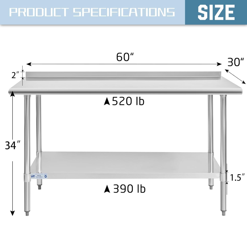 Stainless Steel Table 30 x 60 Inches Metal Prep Table with Adjustable Undershelf, Stainless Table for Commercial Kitchen, Outdoor, Restaurant, Hotel & Garage
