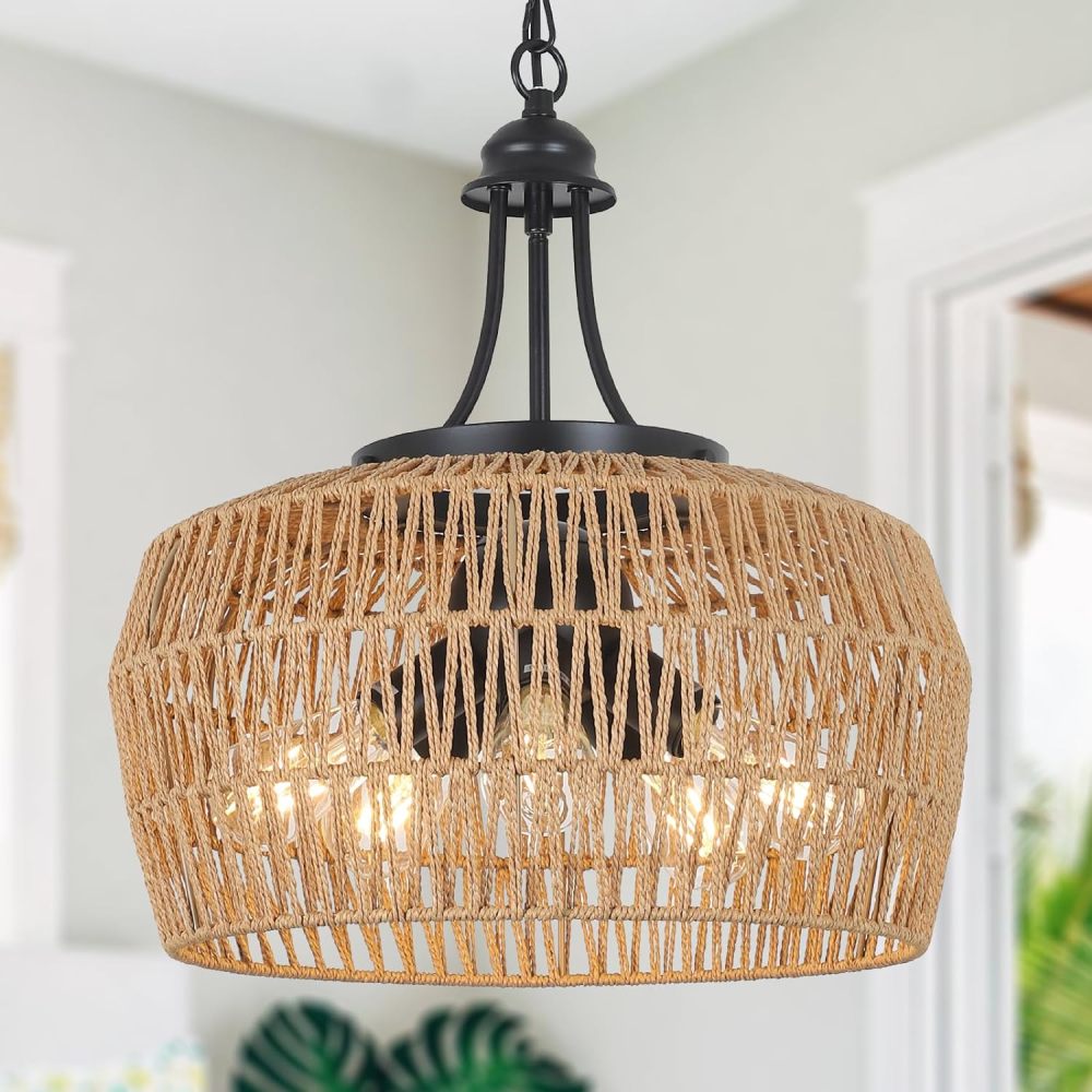 Farmhouse Chandelier for Dining Room, 3-Light Boho Rattan Chandelier Light Fixture Ceiling Hanging with Woven Lampshade, Small Wicker Coastal Pendant Light for Kitchen Bedroom Island Hallway