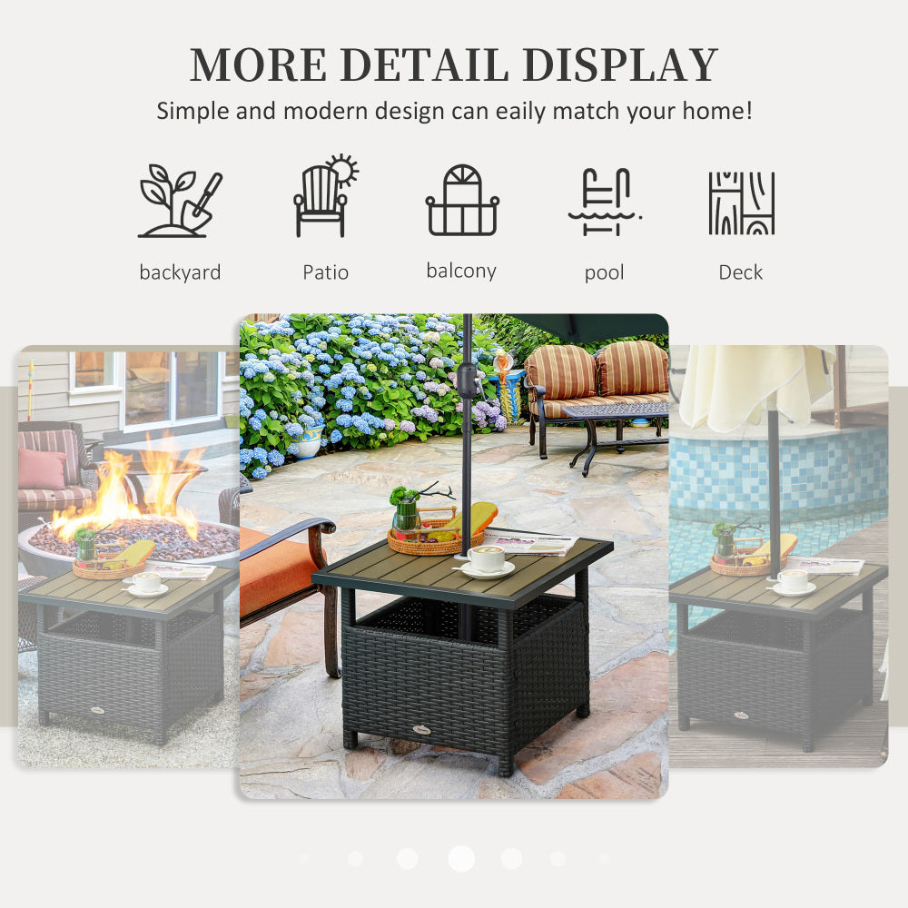 Outsunny 22'' Rattan Wicker Side Table with Steel Frame, Umbrella Insert Hole, Sand Bag for Outdoor, Patio, Garden, Backyard, Black & Tan
