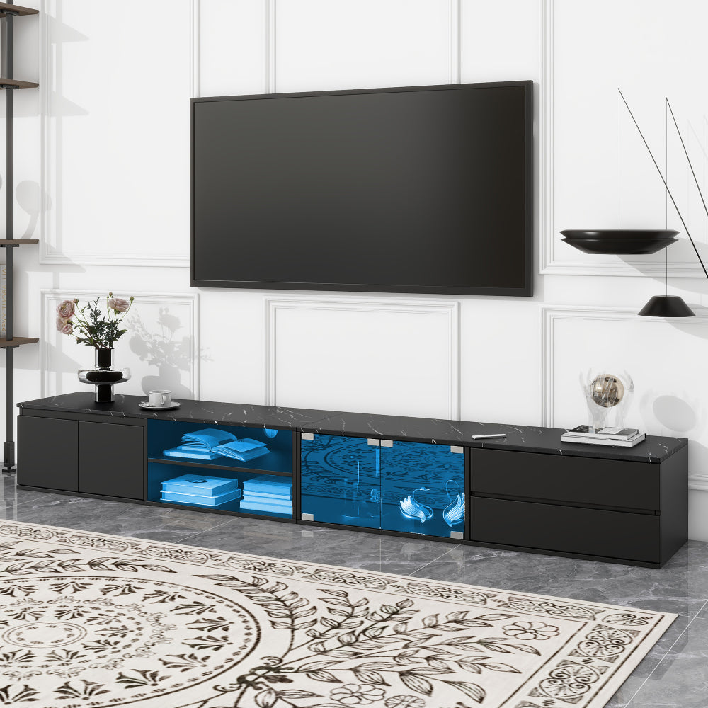 ON-TREND TV Stand with Fluted tempered Glass Doors for TVs Up to 95'', Functional Media Console with Arched Cabinet Doors, Entertainment Center with APP-Controlled LED Light for Living Room, Black