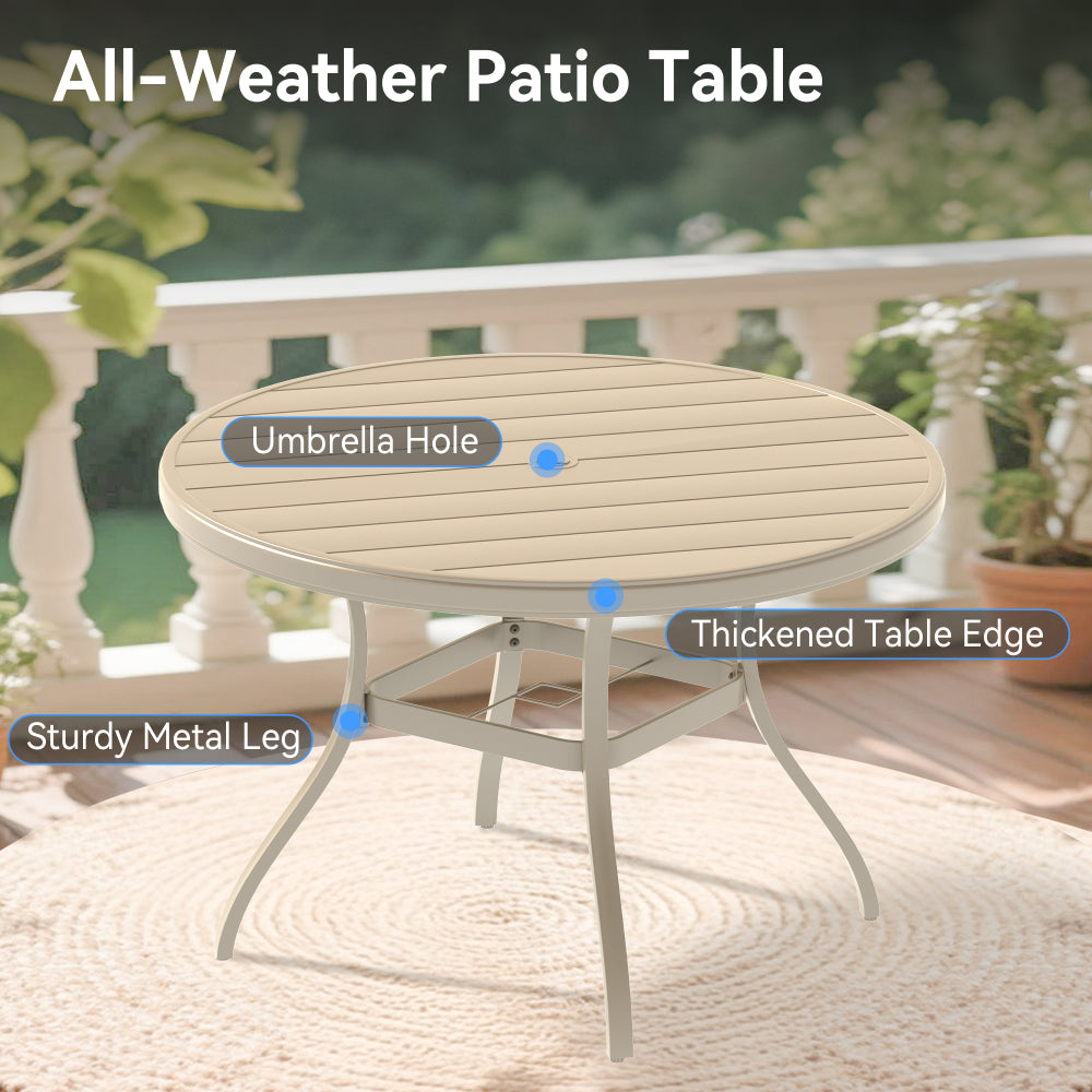 VRSHWO"Outdoor Round Patio Dining Table for 4-6, All Weather Metal Dining Table with Umbrella Hole for Deck Lawn Garden Backyard, Sandstone Color