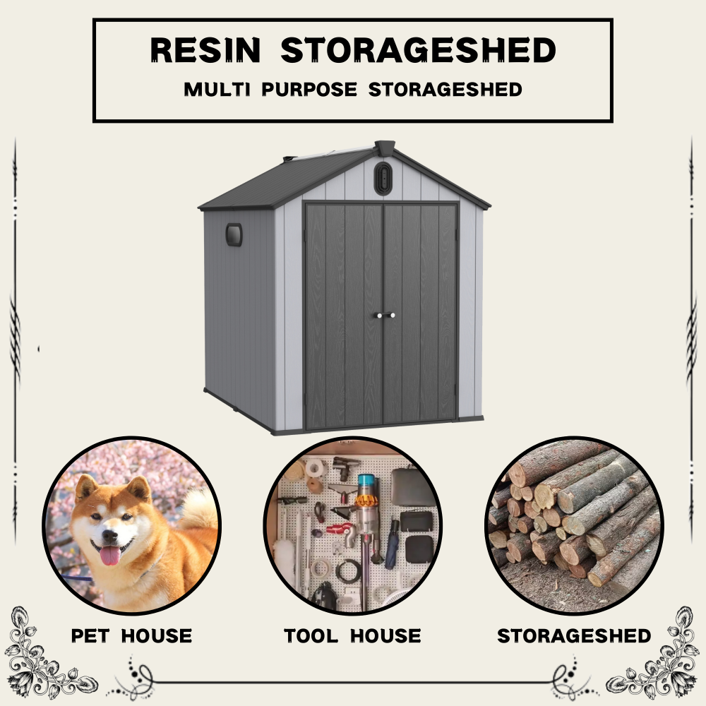 XWT012-1 6*8ft resin plastic storage shed for backyard garden big spire Tool storage