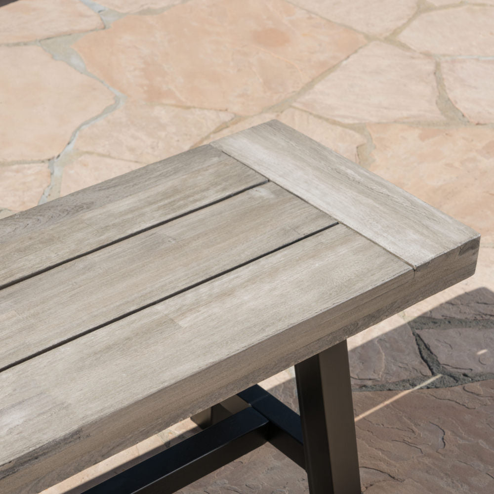 Light Grey Sandblast Finish Acacia Wood Dining Bench with Black Rustic Metal Finish Frame