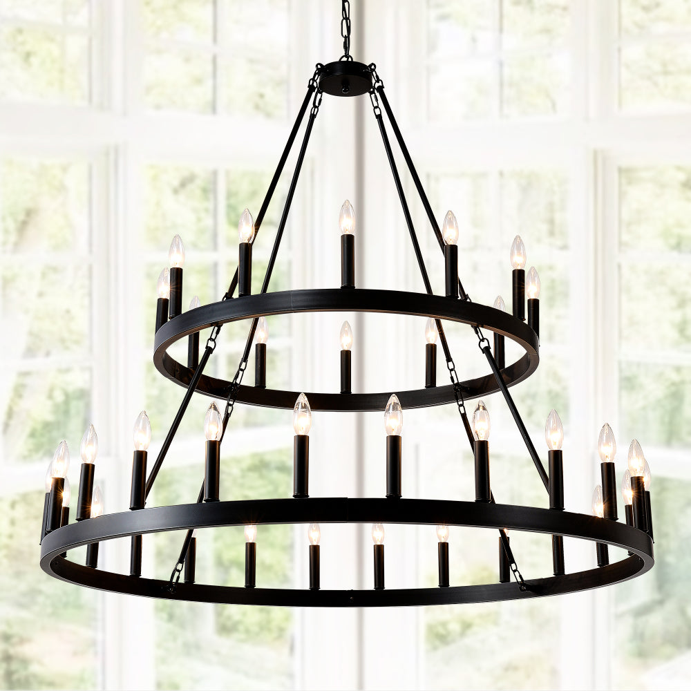 2 Tiers Wagon Wheel Chandelier Wooden Farmhouse 36-Light(24+12) or (12+24 ), Black Metal Chandeliers 2-Story  Light Fixtures Industrial for High Ceiling Living Dining Room Foyer. Adjustable Height