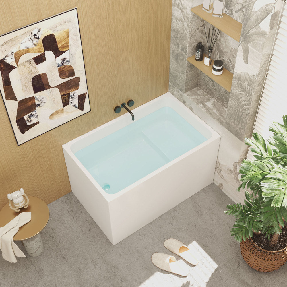 43" Acrylic Freestanding Bathtub with seat: Spacious rectangle Shape, Gloss White Finish, Chrome Overflow & Pop-Up Drain