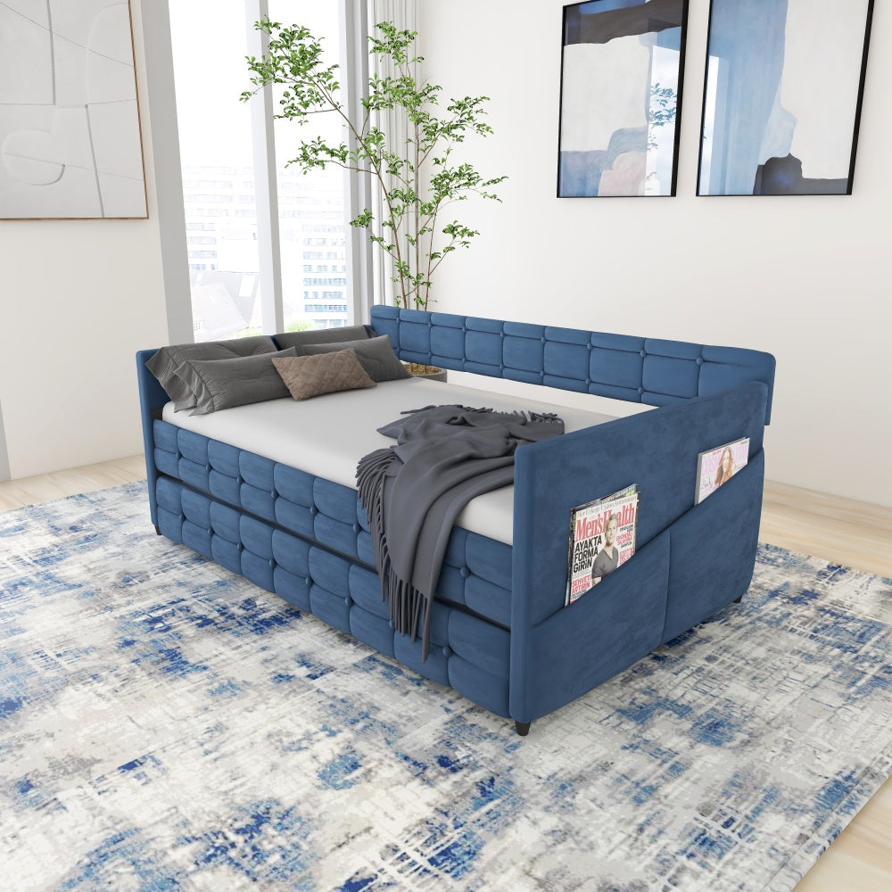 BLUE UPHOLSTERED TWIN SIZE DAYBED WITH TRUNDLE, VELVET FABRIC, NO BOX SPRING REQUIRED, COMFORTABLE AND SIMPLE DESIGN MODELS