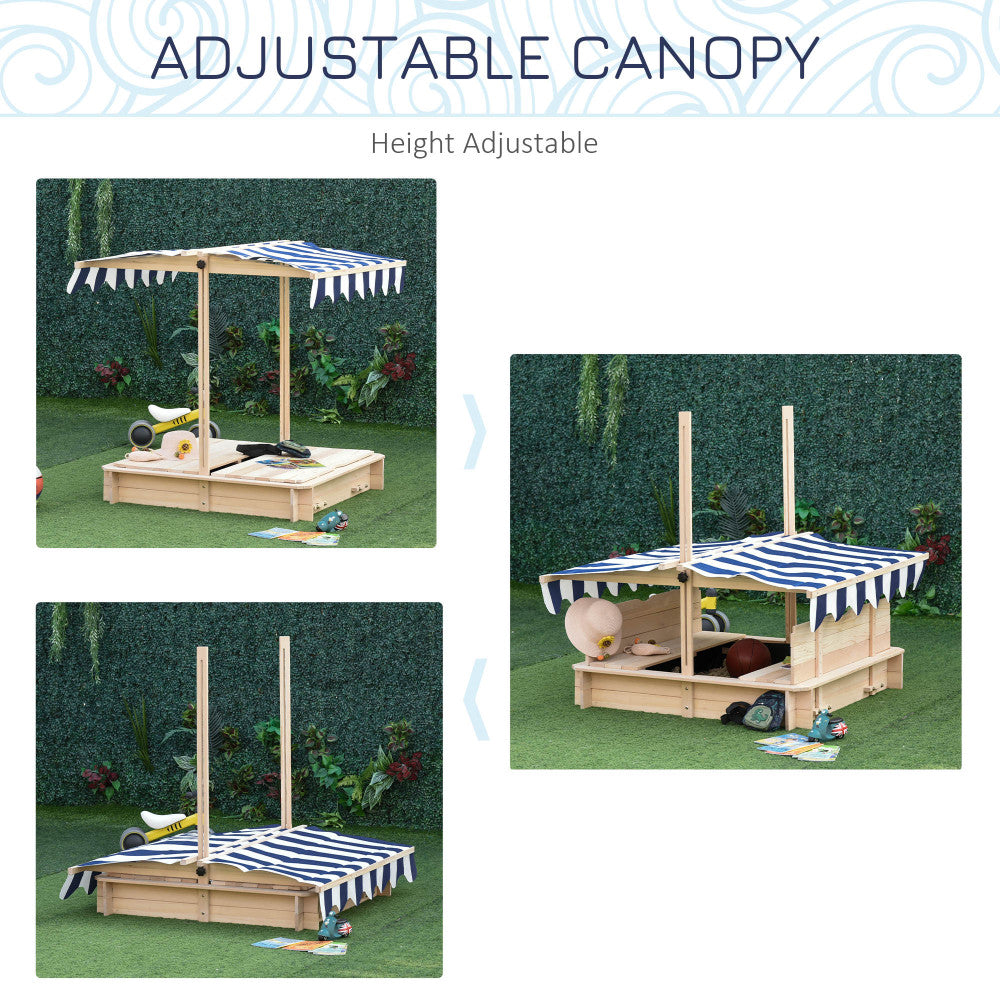 Outsunny Wooden Kids Sandbox with Cover, Children Outdoor Sand Box with Foldable Bench Seats, Adjustable Canopy, Bottom Liner for Outdoor, Natural
