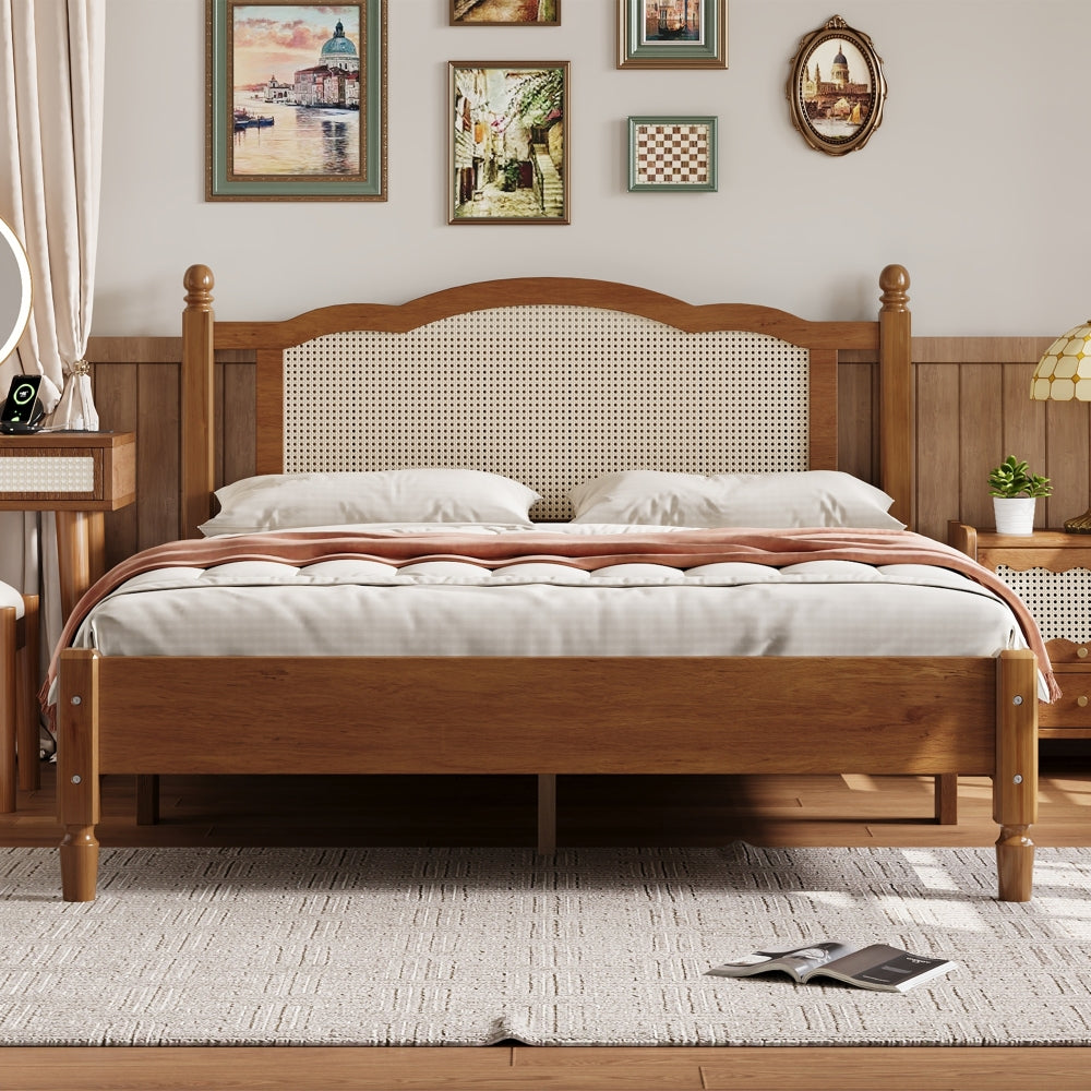 3 Pieces Bedroom Set with Queen Size Wooden Bed Frame, 1 Vintage  Nightstand and 1 Makeup Vanity Set with Stool,Black