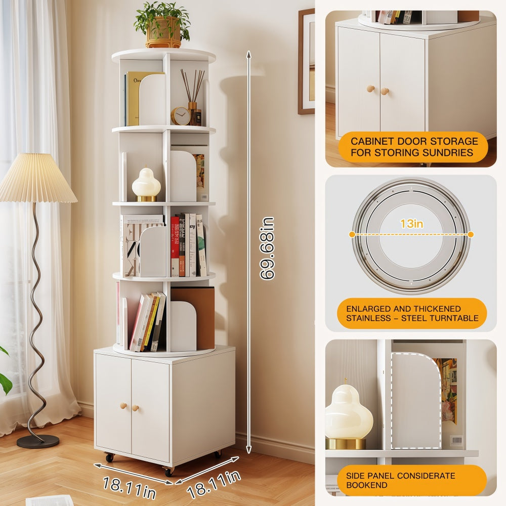 Rotating Bookshelf, 360 Degree Display 5 Tier Corner Bookshelf with Drawer for Small Space, Floor Standing Bookcase Storage Rack, Wood Narrow Book Shelf Organizer for Bedroom, Living Room (WHITE)