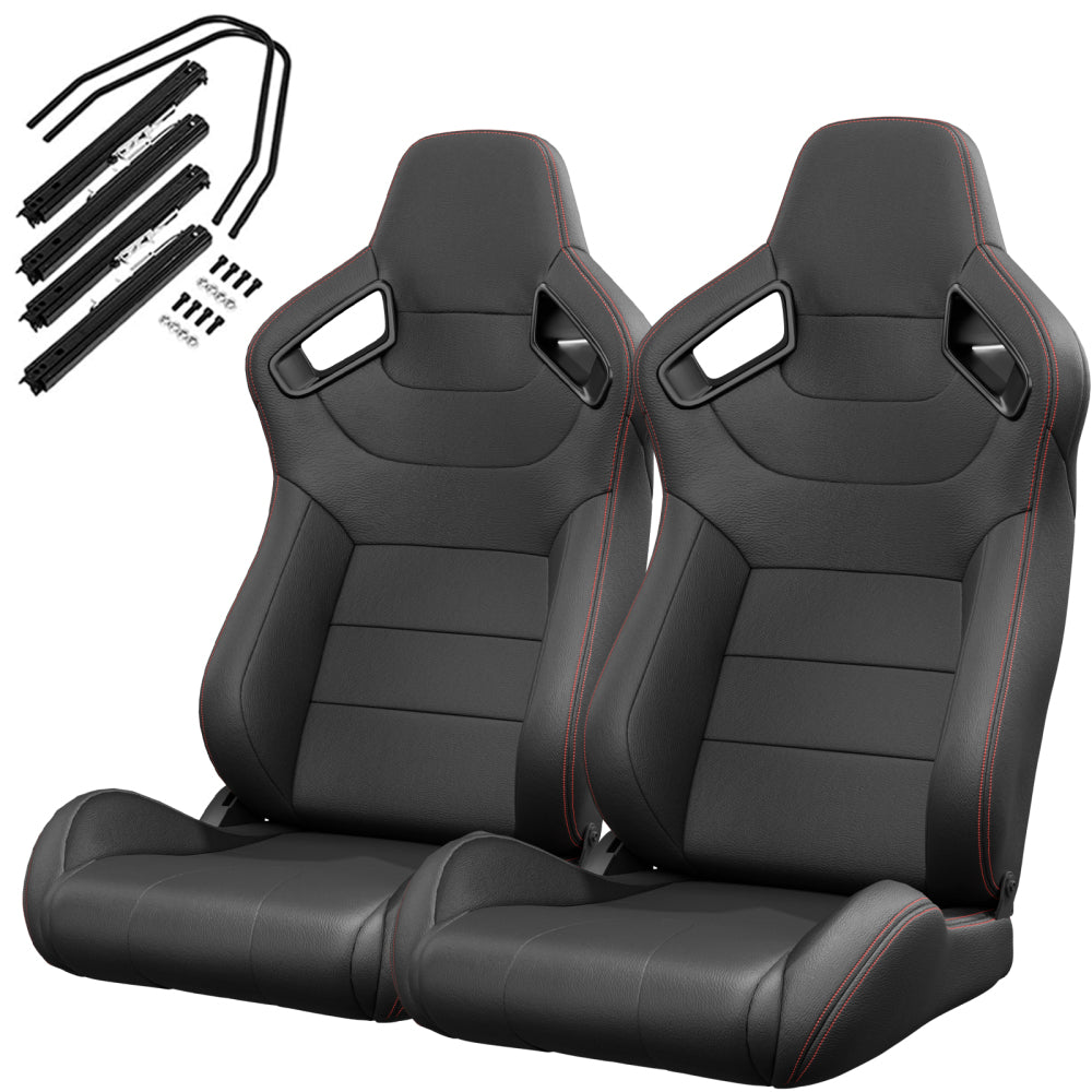 2PC New Universal Bucket Racing Seats Red Stitch Red PVC Leather Reclinable Carbon Look Leather Back With Adjustor Slider(Not Including Seat Bracket ) 1 box of 2 pieces