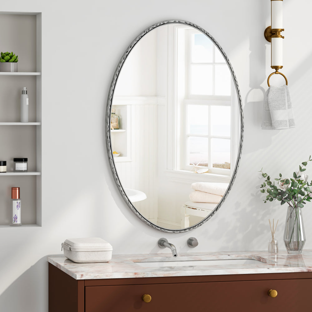 Iron Art Oval Retro Mirror, Antique Effect, Wall Hanging, Suitable For Bathroom, Bedroom, Living Room (Silver)