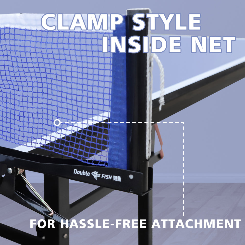 DOUBLE FISH Blue Folding Rolling 9×5 FT Table Tennis Table Indoor And Outdoor Table Tennis Table, 2 Rackets, 3 Balls, 1 Net And 8 Wheels Set Behind It For Easy Movement