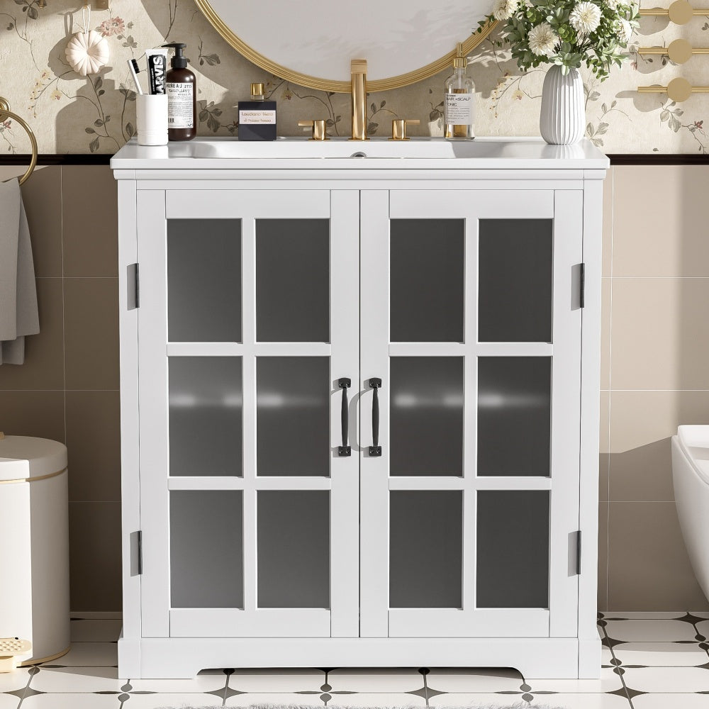 30" Modern Bathroom Vanity with Ceramic Sink, Bathroom Vanity Cabinet with Tempered Blurred Glass and Matte Black Handles, Equipped with Large Storage Space and Rubber Wood Frame, White