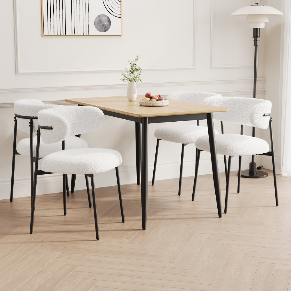 Modern minimalist wood grain tabletop dining table and chair 4-piece set, stylish dining table, kitchen dining table, sturdy and durable, easy to assemble, black metal leg design, suitable for 4-6 peo