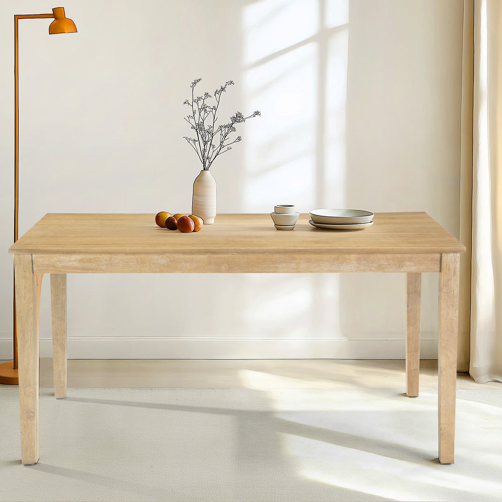 Farmhouse Style Solid Wood Dining Table, 60 Inch Length, Rubberwood Legs with Adjustable Glides, MDF + Rubberwood Veneer Top, Perfect for Dining Room, Kitchen, Living Room, Sturdy and Durable.