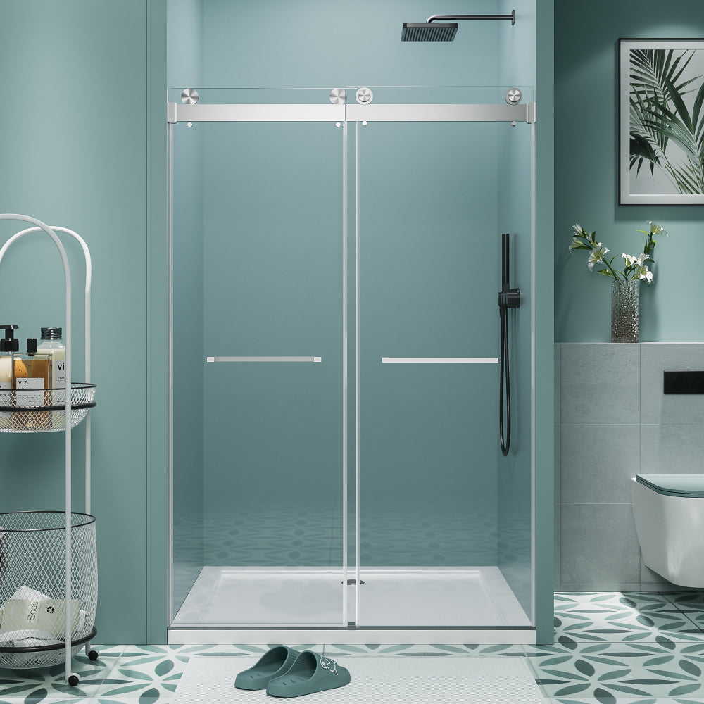 60" W x 76" H Frameless Double Sliding Shower Door, Soft-Close Brushed Nickel Shower Screen, 5/16" (8mm) Clear Nano-Coated Tempered Glass, Dual Stainless Steel Door Handles