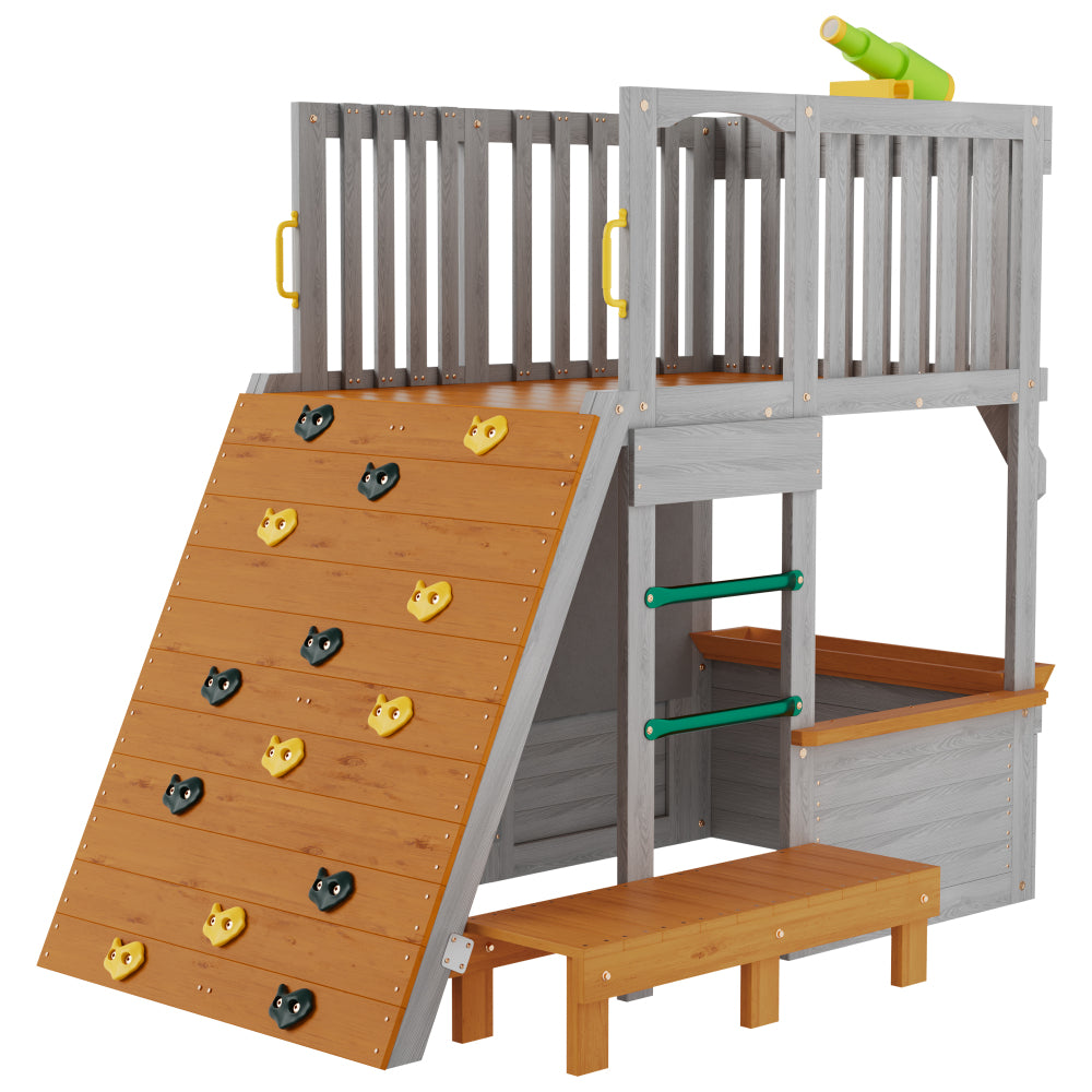 Large Sturdy Wooden Playhouse for Kids Realistic Modern Design Lookout Post Telescope Climb Ramp-for 5-8 Children's Outdoor Play