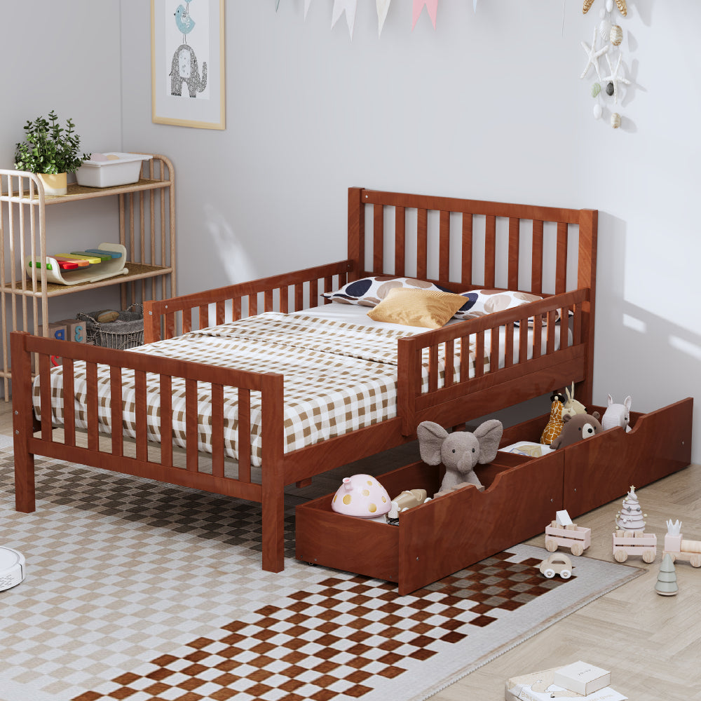 Twin Size Wood Platform Bed with Guardrails on Both Sides and Two Storage Drawers ,White