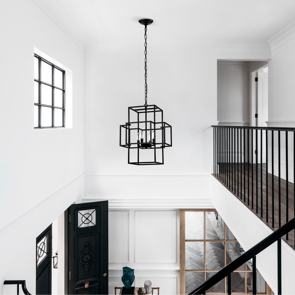 4-Light Metal Lantern Tiered Pendant Hanging Light Fixtures, Industrial Farmhouse Adjustable Height  Chandeliers for Dining Room Hallway Foyer Entryway--Matte Black (E12 Bulbs Not Included)
