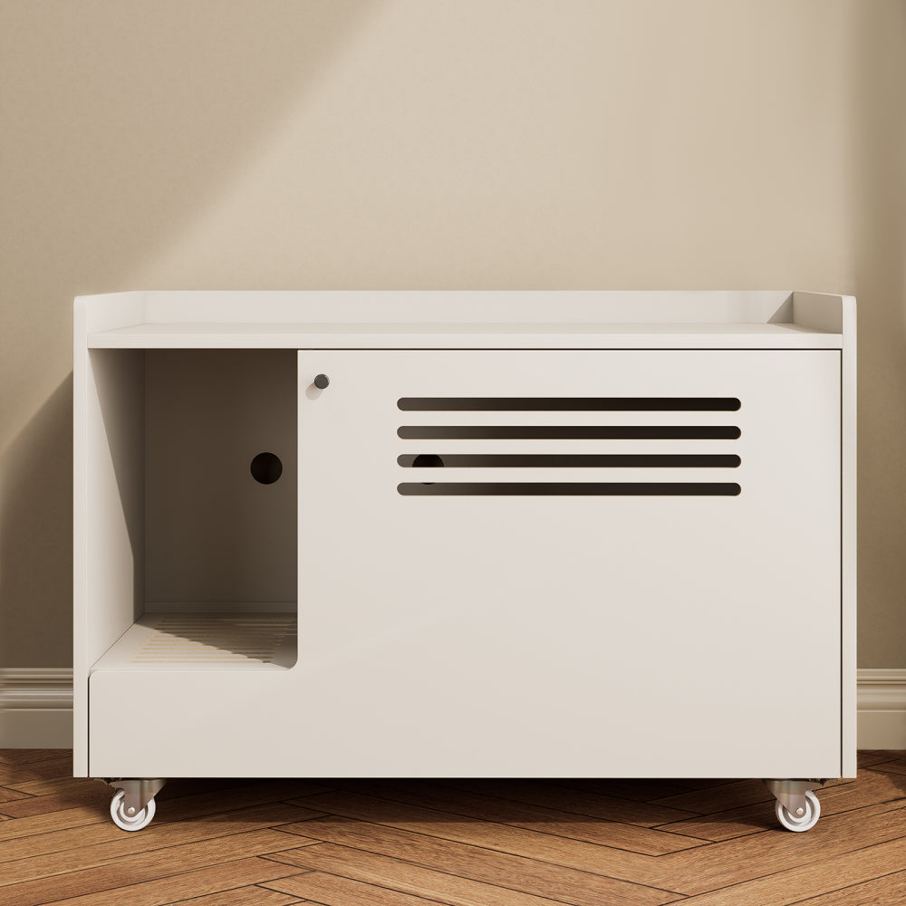 White Cat Litter Box Enclosure,Hidden Litter Box Furniture with top side fence,Wooden Pet House Side End Table, Storage Cabinet Bench for Living Room,,Bedroom, Fit Most of Litter Box