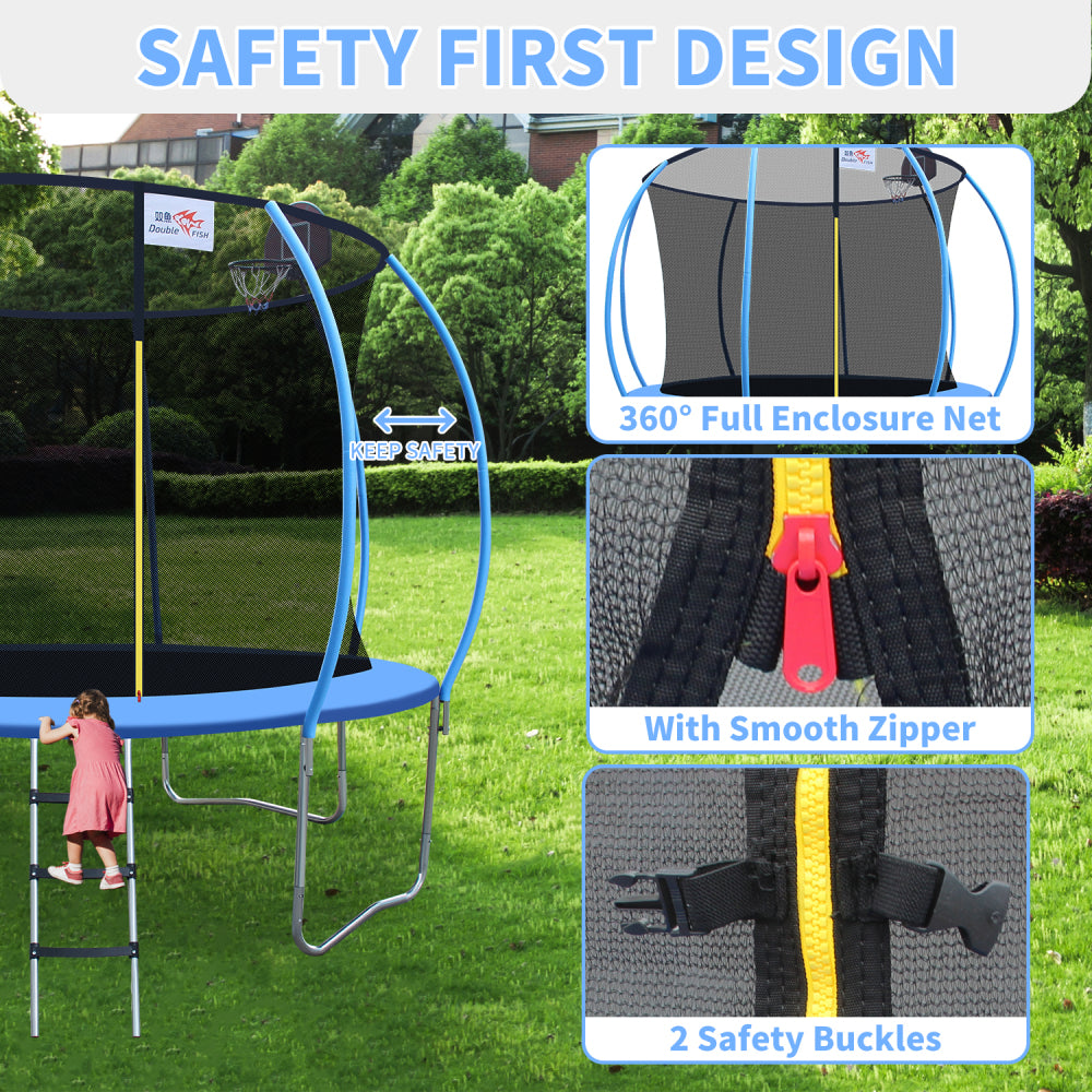 DOUBLE FISH 12ft Foldable Mini Trampoline Fitness Rebounder with Handrail for Adults, 400 Lbs Capacity, Blue Round Iron Frame, Compact & Portable for Home Workouts