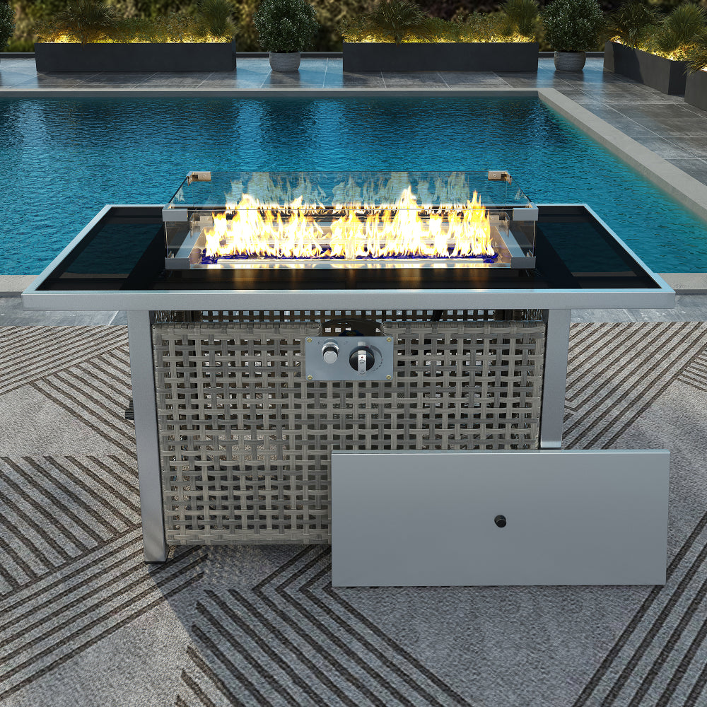 K&K 43" Propane Gas Fire Pit Table, 60000 BTU Rectangular Open Weave Wicker Fire Pit with Glass Wind Guard for Outside Patio Deck Garden Backyard - Grey