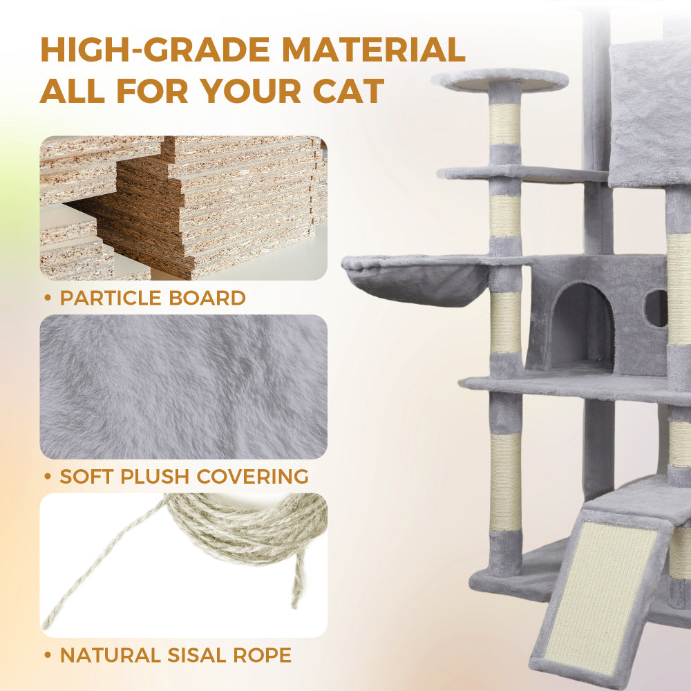 84 in light gray cat tree tower with large condo  sisal scratching post big hammock and top platform