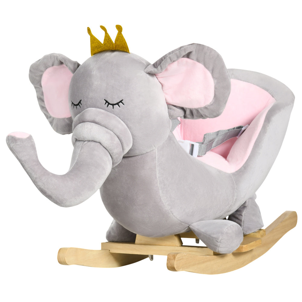 Qaba Baby Rocking Horse Elephant Rocking Chair Toddler Rocker Toy with Sound Wooden Base Seat Safety Belt for 1.5-3 Year Old, gray