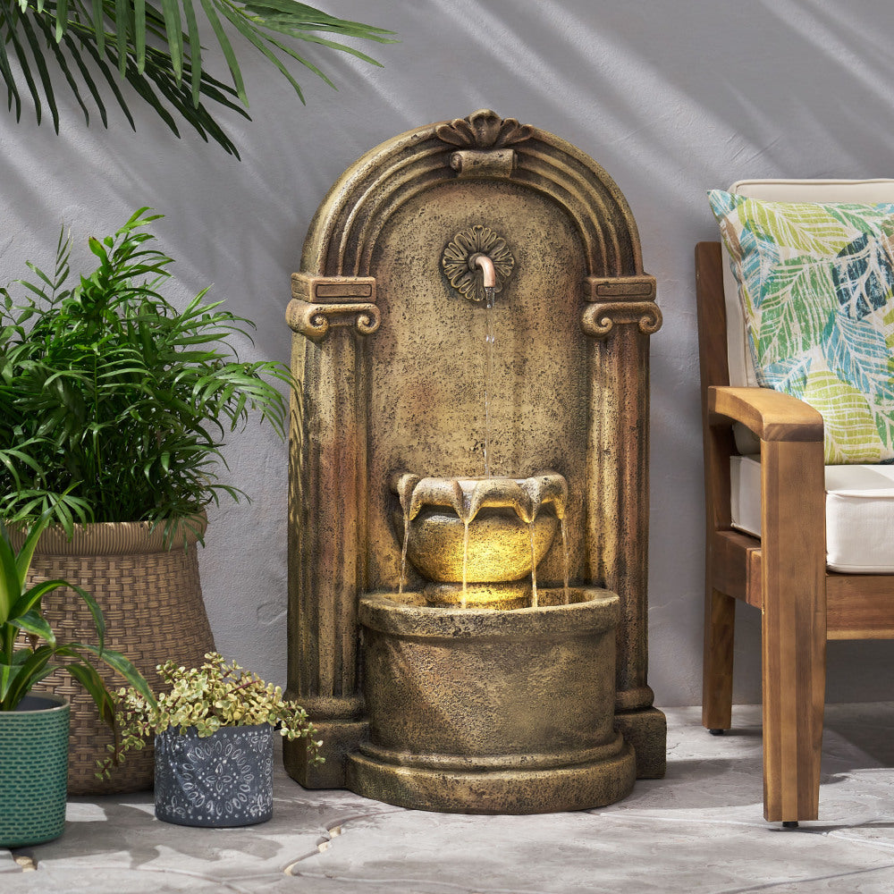 35.25" High Outdoor Weather Resistant Floor Fountain with LED Lights, Light Brown