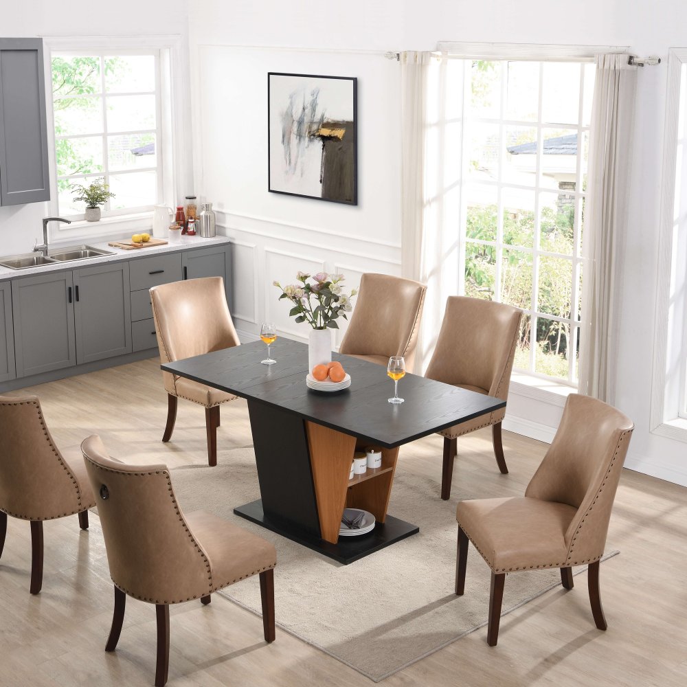 61.81 (46.46) inch Extendable Dining Table with Built-in Storage, Modern Wooden Table with Sturdy Metal Frame and MDF base, Adjustable Tabletop for Home Kitchen, Dining Room, and Office Spaces.