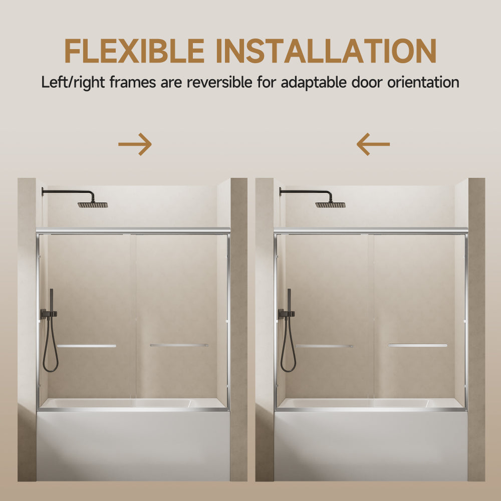 60" W x 57" H Aluminum Frame Double Sliding Shower Door, Soft-Close Chrome Bathtub Door, 1/4" (6mm) Clear Nano-Coated Tempered Glass, Dual Stainless Steel Handles