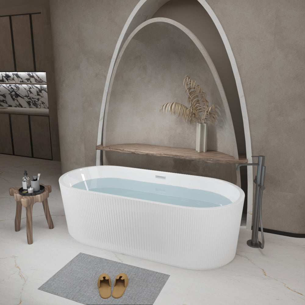 59"Linear AcrylicFreestanding Bathtub Stand Alone Soaker Tub, Glossy White Acrylic, POP-UP Chrome Drain, cUPC Certified