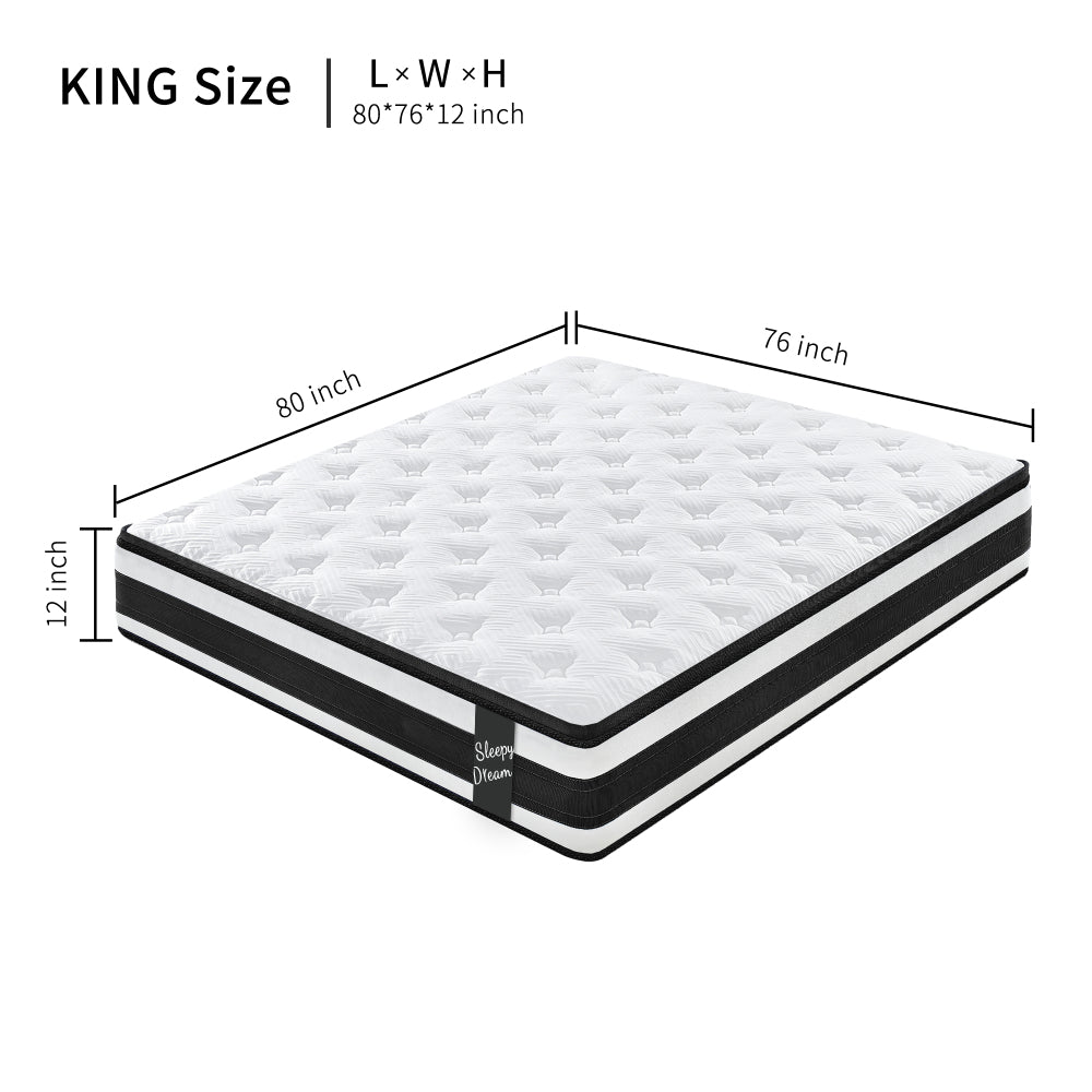 12 Inch KING Size Hybrid Mattress Individual Pocket Spring Oeko-Tex 100 Breathable Memory Foam Knitted Cover CertiPUR-US