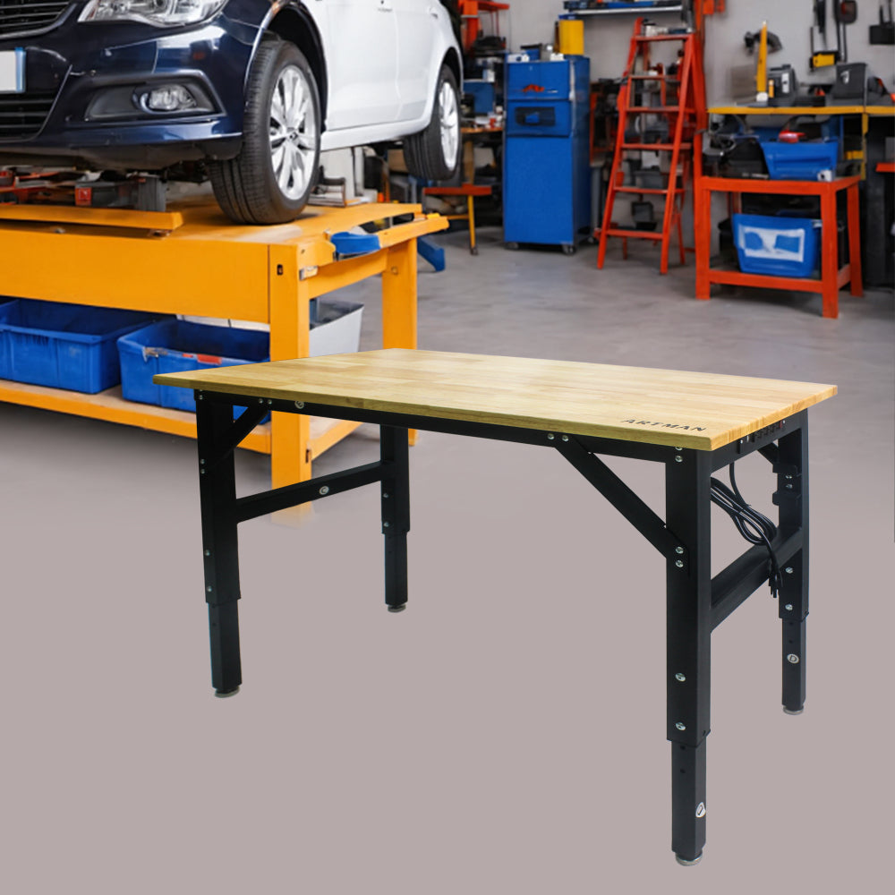 Metal Adjustable Worktable with Socket and Wooden Top