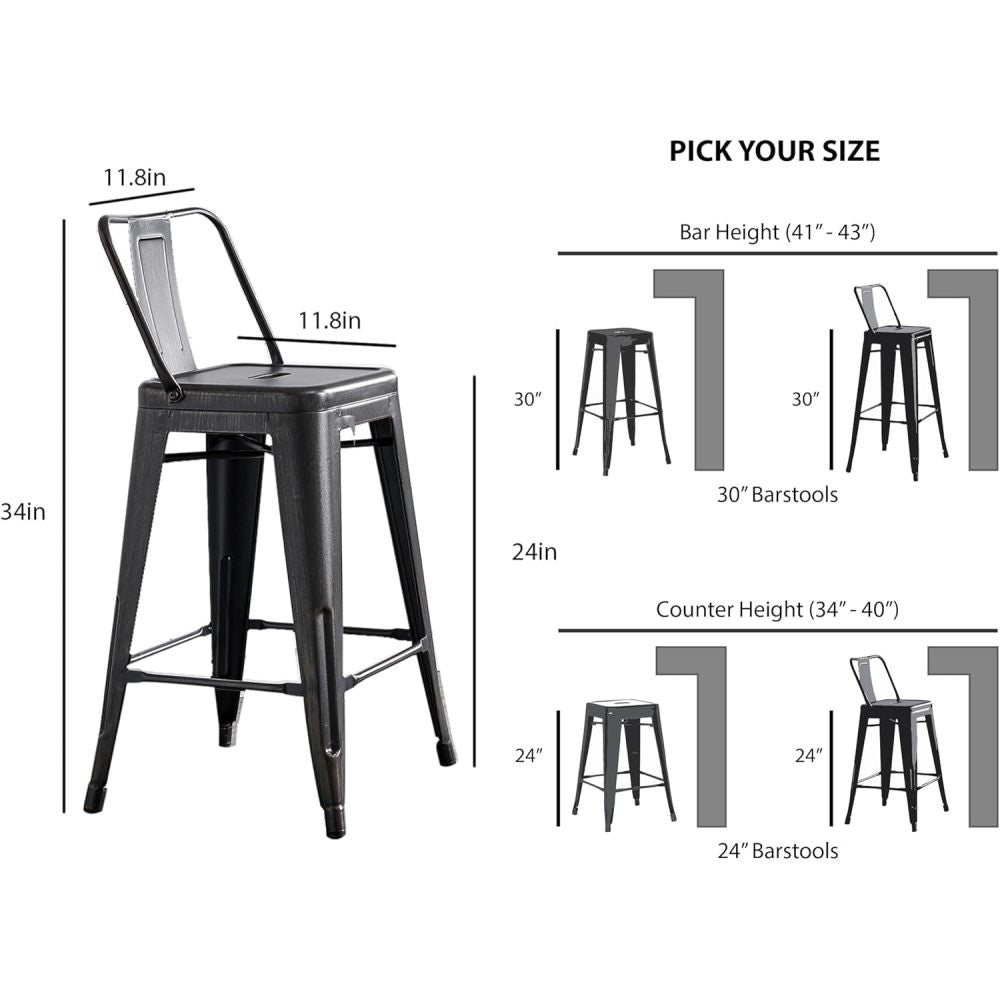 24" Sanded Matte Black Industrial Contemporary Rustic Metal Barstools with Bucket Back, Set of 4