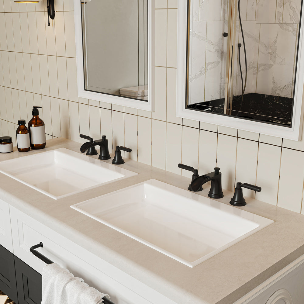 Matte Black Widespread Waterfall Bathroom Faucet with Pop-Up Drain